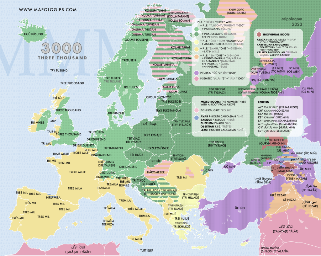 Mapping the different etymologies of the number three thousand