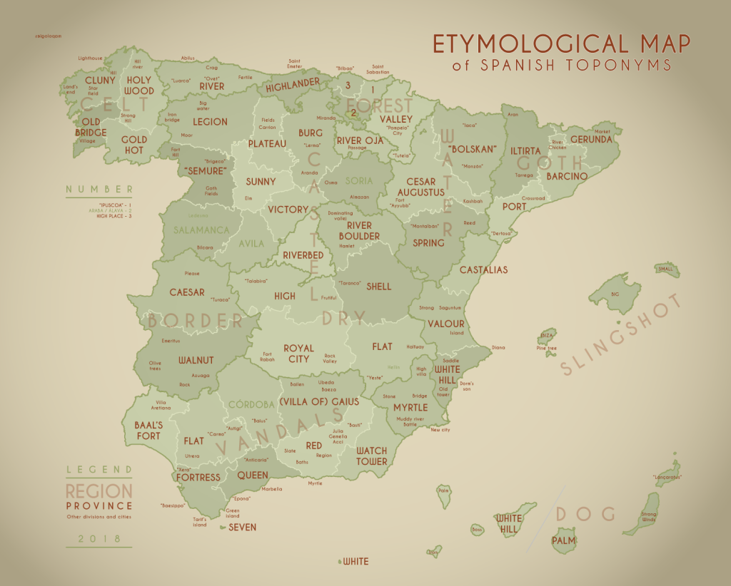 An Etymological map of the Spanish regions, provinces and other localities