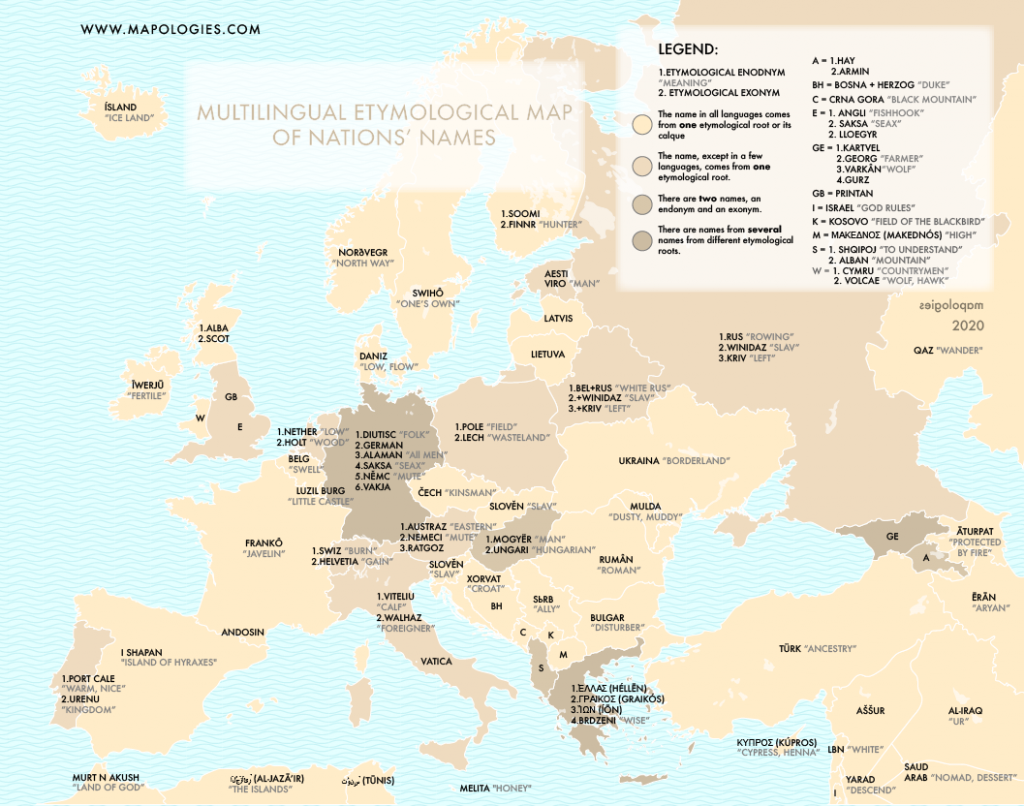 How many different etymologic roots does have each country's name?