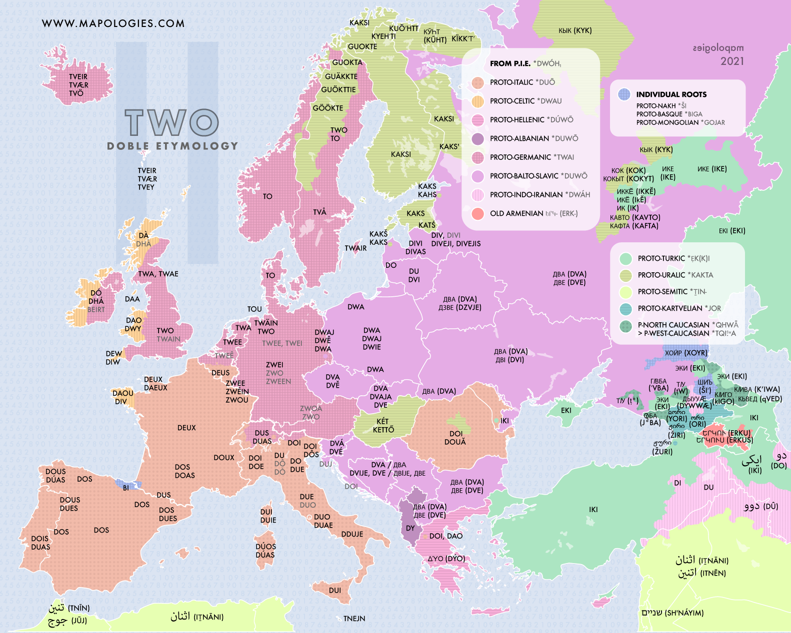 Mapping the different etymologies of the number two