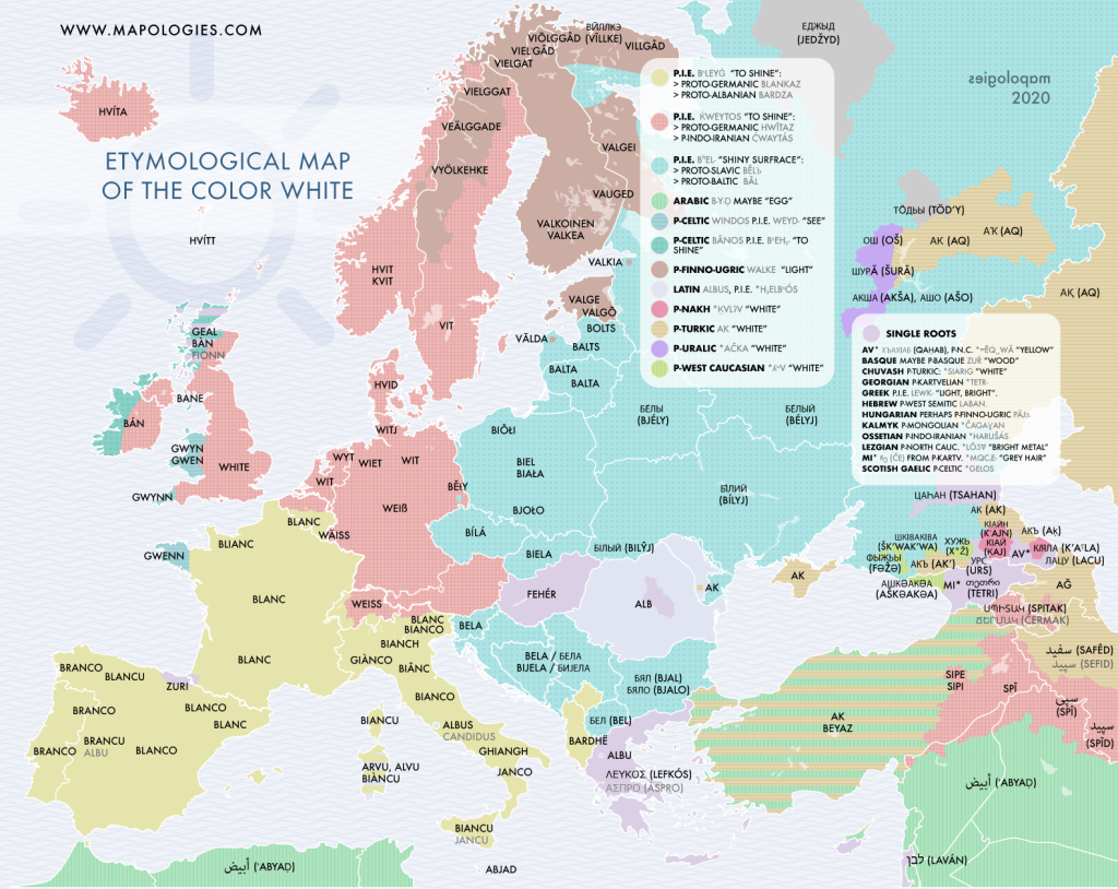 Etymological map of the color white in several foreign languages