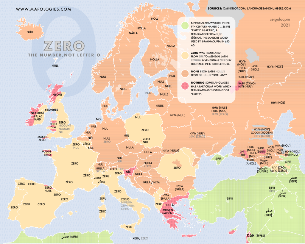 Mapping the different etymologies of the number zero