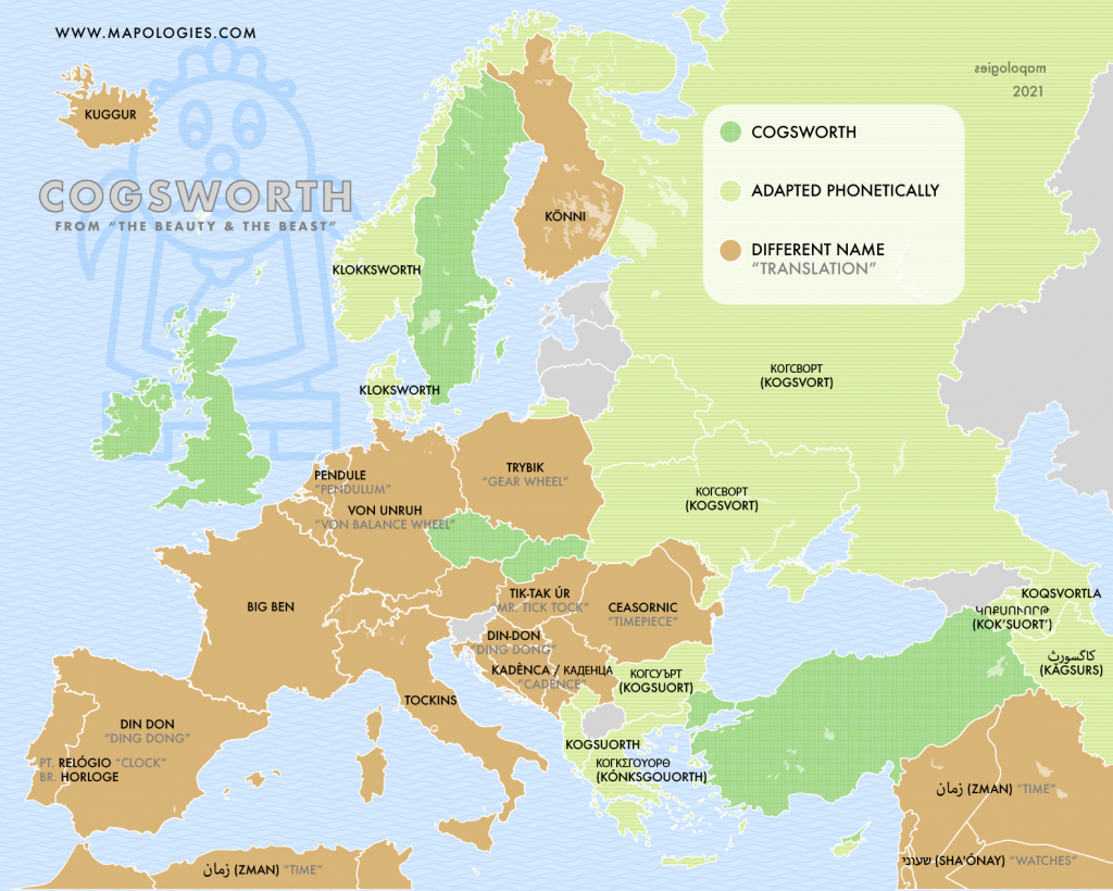 Map of the different names of Cogsworth, the character from "Beauty and the Beast" in several European languages