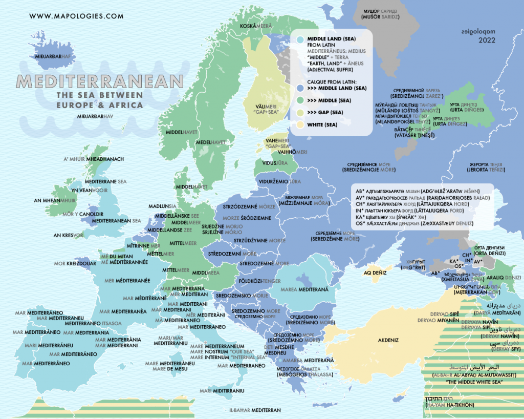 Etymology map of the Mediterranean Sea in several languages