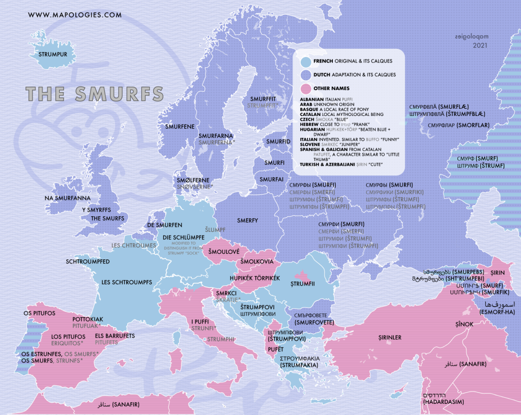 Map of the different names of "The Smurf" or "Les schtroumpfs"  in several European languages: Los Pitufos, Šmoulové, etc. 