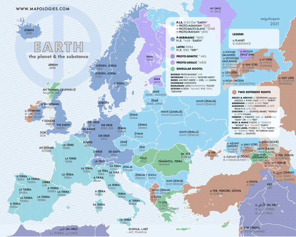 Etymology map of "Earth" the planet and the substance