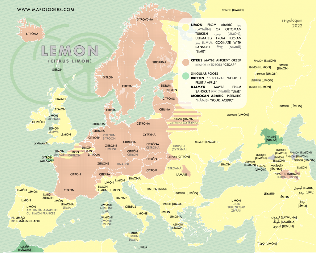 Etymology map of the word lemon (citrus lemon) in several European languages