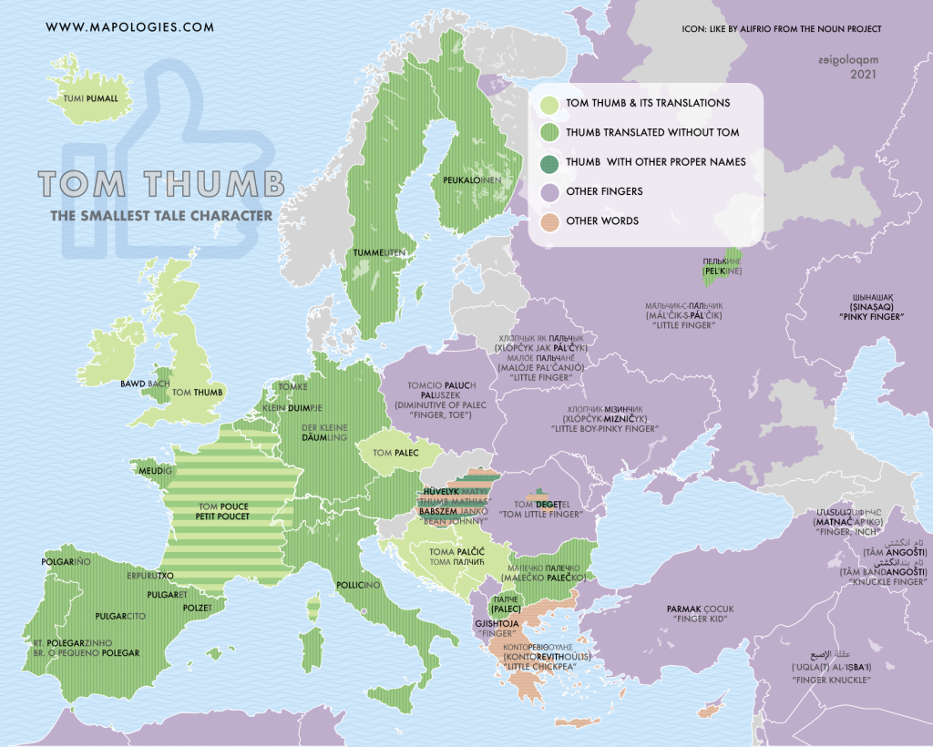 Map of the translations of "Tom Thumb" in other European languages
