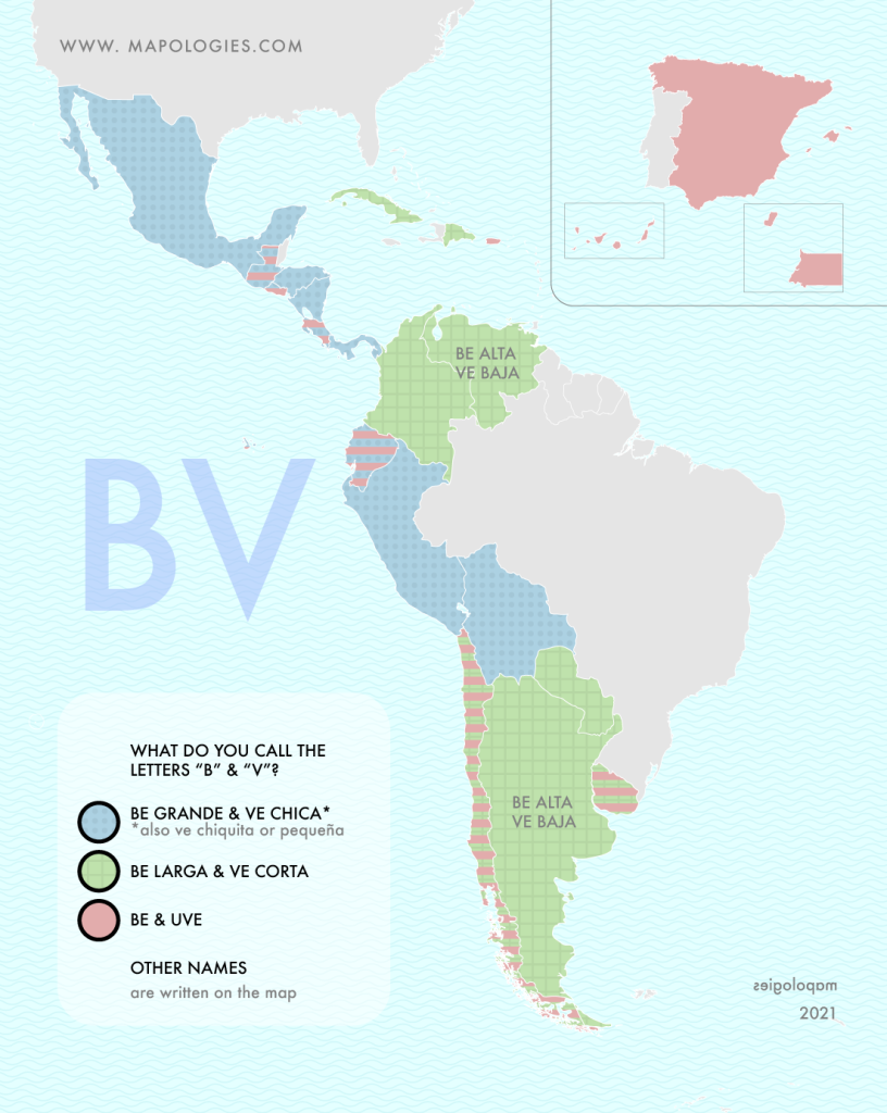 Map of the letter "B" and "V" in the different varieties of Spanish