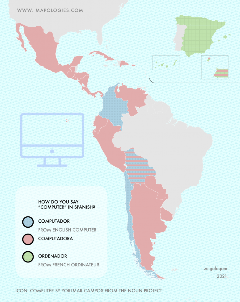 Map of the word "computer" in the different varieties of Spanish