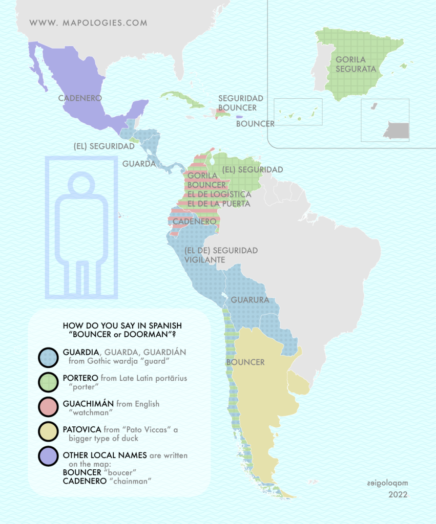 Map of the word "doorman" in the different varieties of Spanish