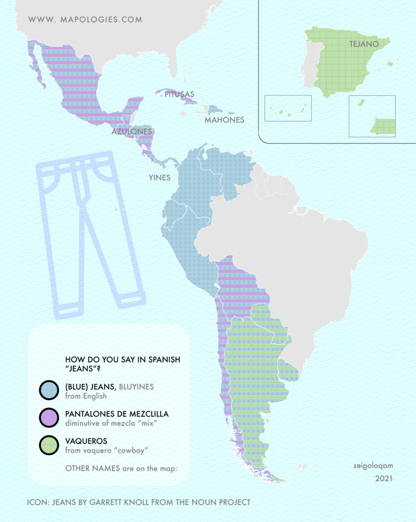 Map of piece of clothing "jeans" in the different varieties of Spanish