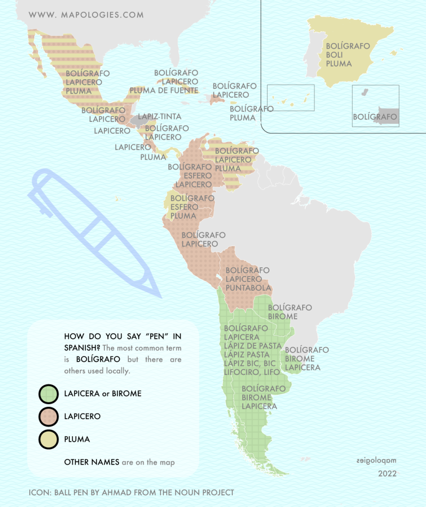 Map of the word "pen" in the different varieties of Spanish