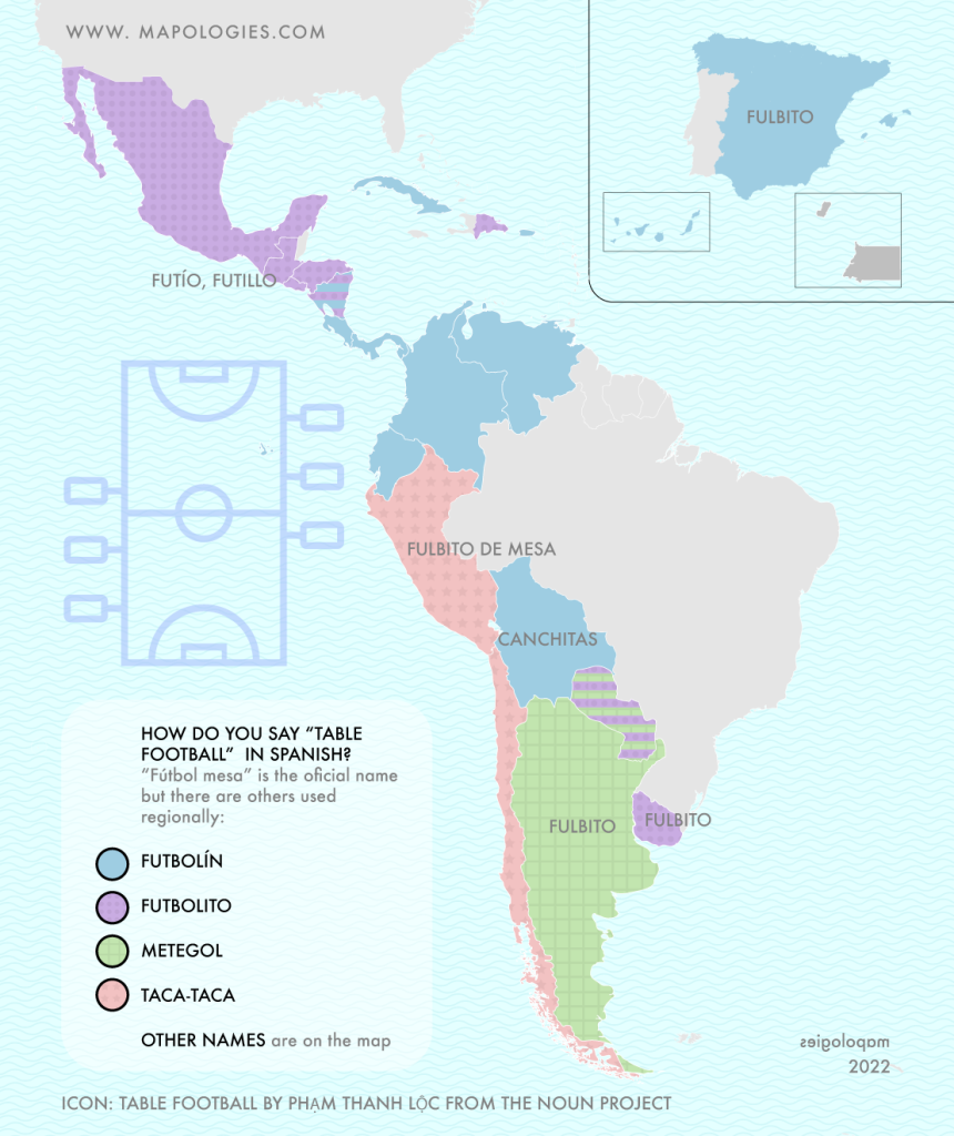 Map of the word "table football" in the different varieties of Spanish