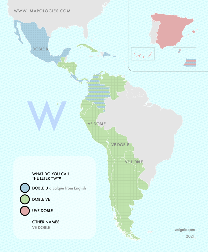 Map of the letter "W" in the different varieties of Spanish