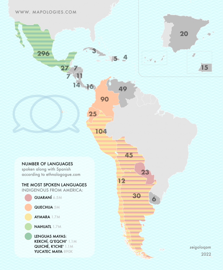 Map of number of languages in the Spanish speaking countries and the most spoken indigenous languages