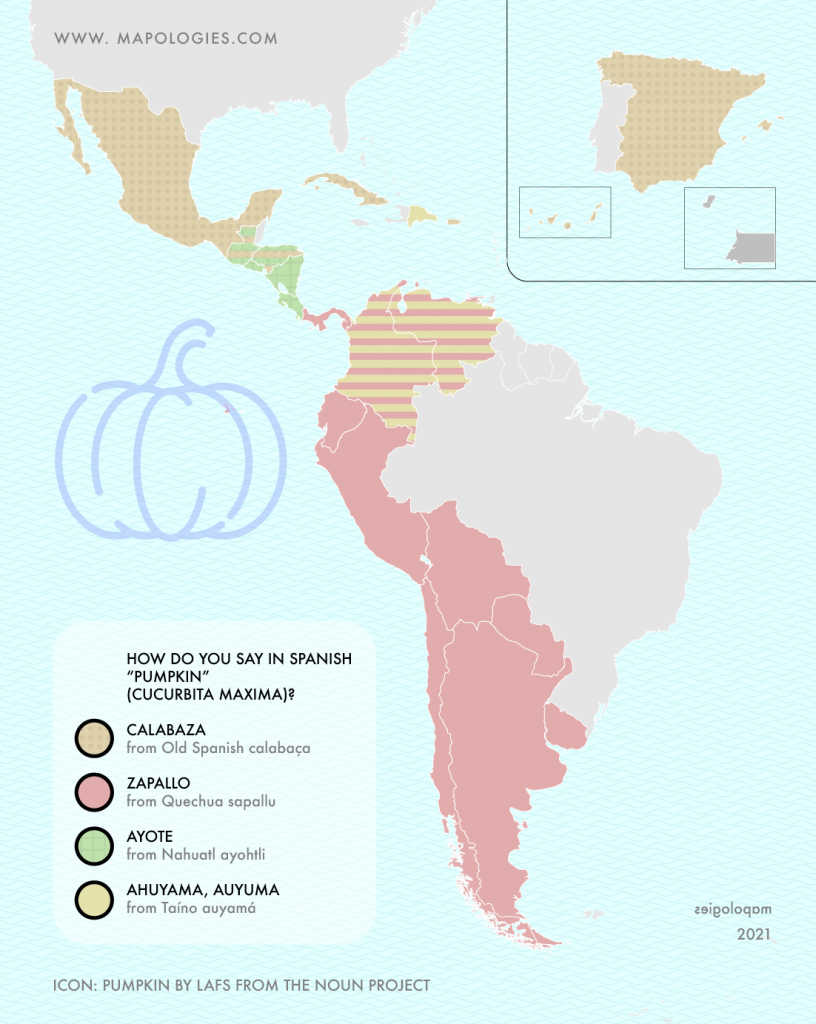 Map of the word "pumpkin" in the different varieties of Spanish