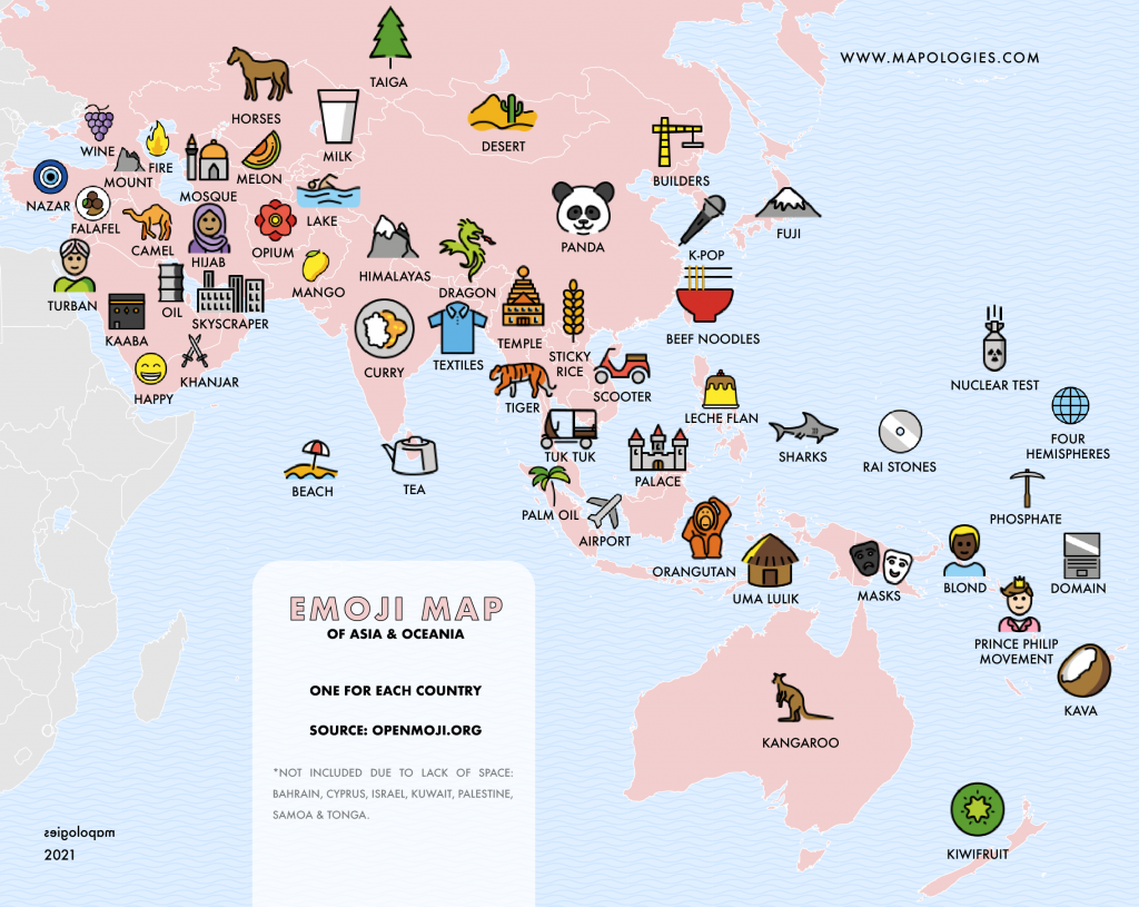 Map of Asia and Oceania with emojis from the Openmoji Atlas
