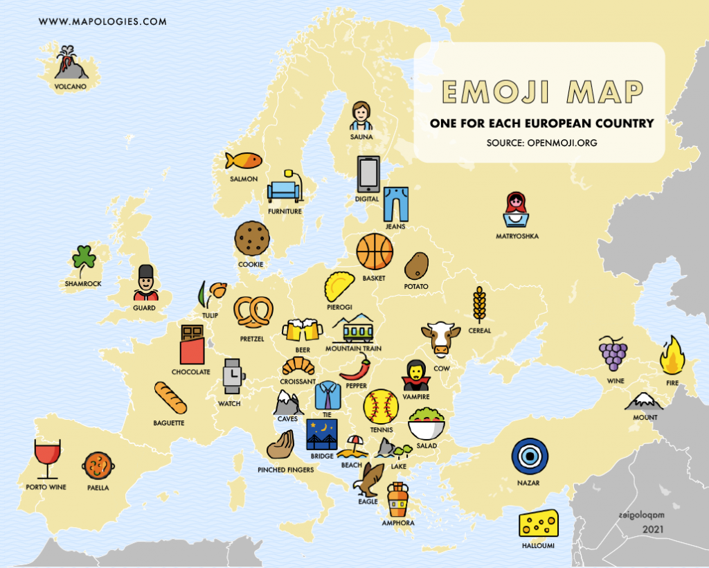 Map of Europe with emojis from the Openmoji Atlas