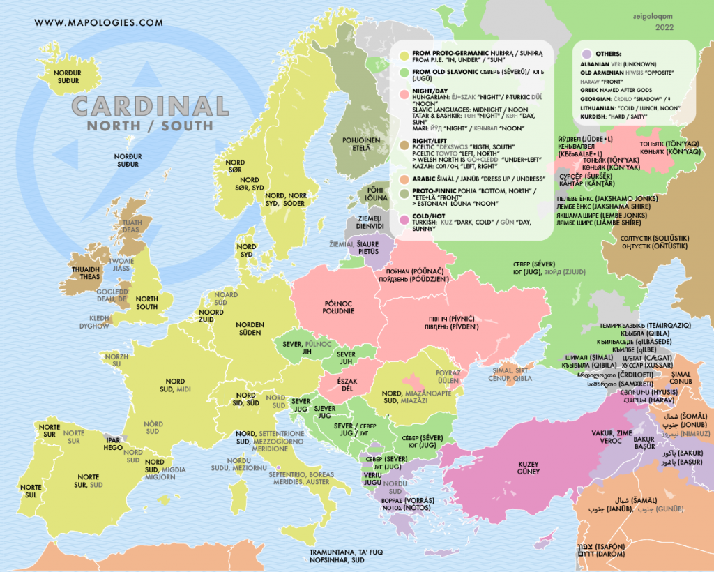 Etymology map of the cardinal points north and south in different languages from Europe