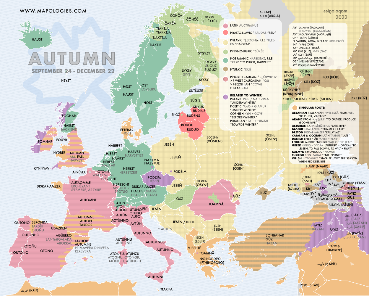 Etymological map of the words "autumn or fall" in several different languages