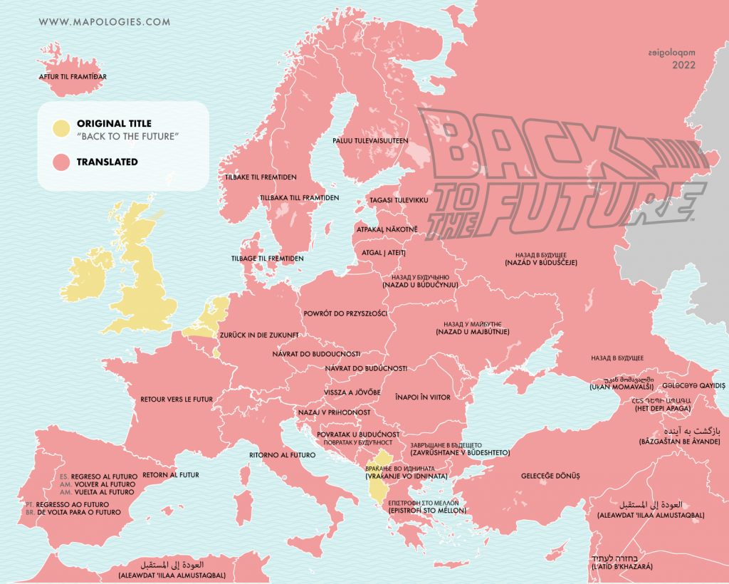 Map of the titles of the movie "Back to the future" by Robert Zemeckis in several languages