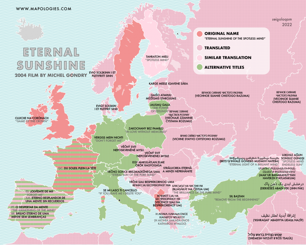 Map of the titles of the movie "Eternal sunshine of a spotless mind" in several European languages