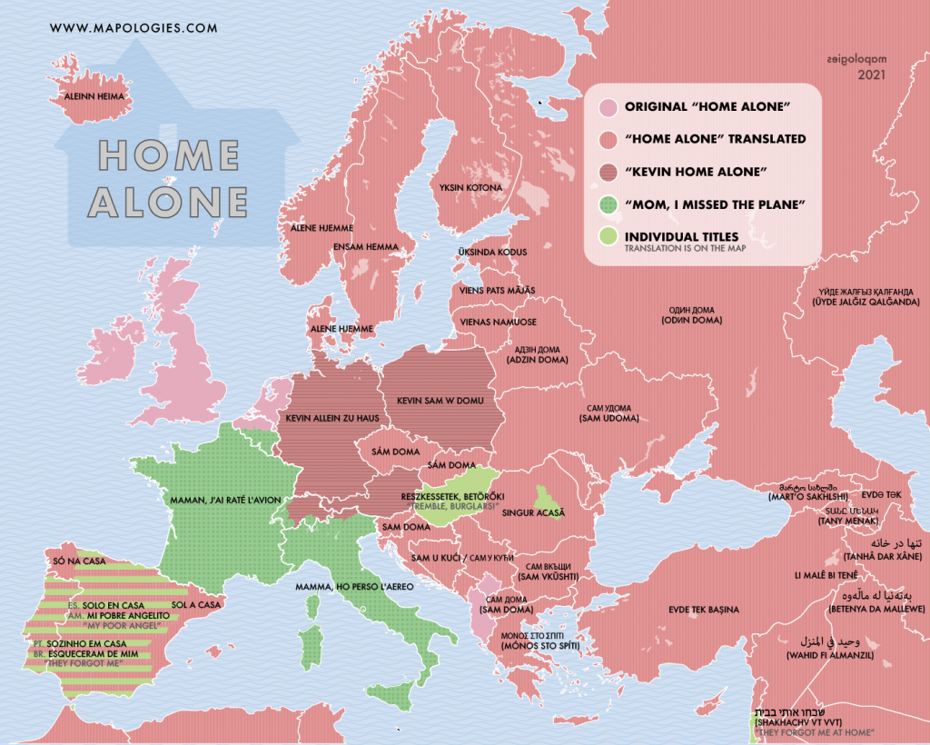 Map of the titles of the movie "Home alone" in several European languages
