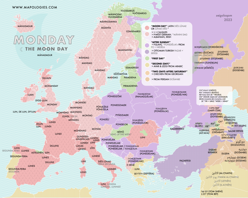 Etymological map of Monday in several different languages