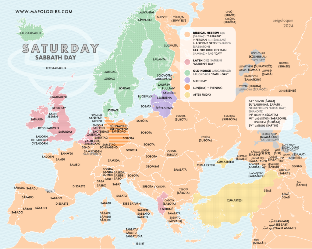 Etymology map of Saturday, the day of the week, in different languages