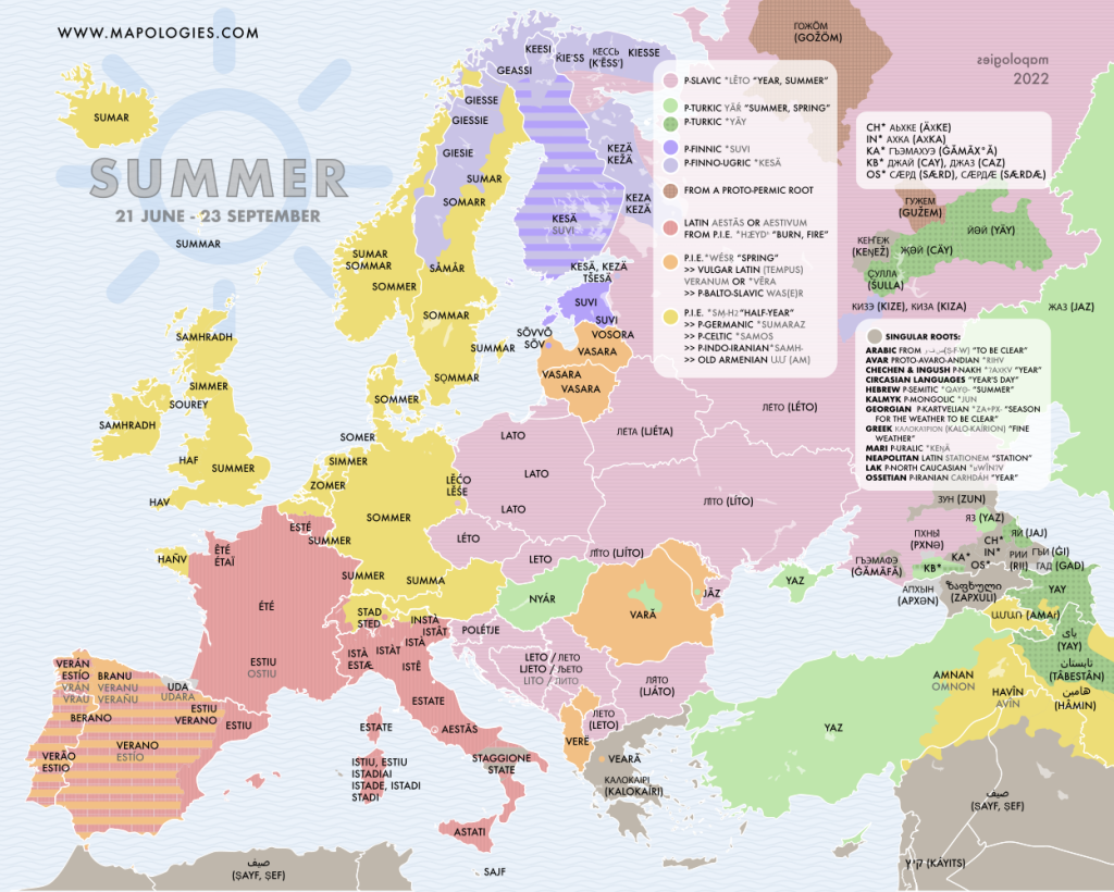Etymological map of the word summer in several different languages