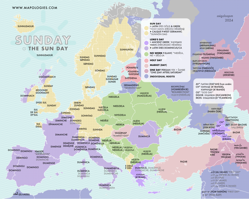 Etymology map of Sunday, the day of the week, in different languages