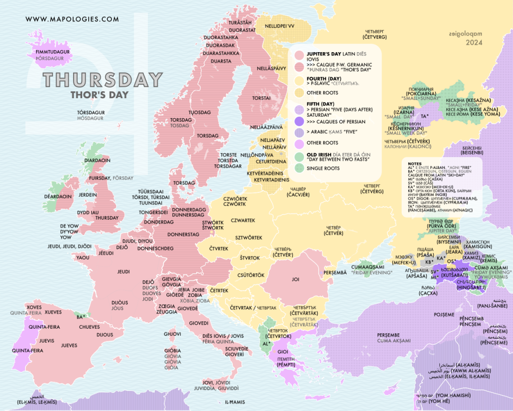 Etymological map of Thursday in several different languages