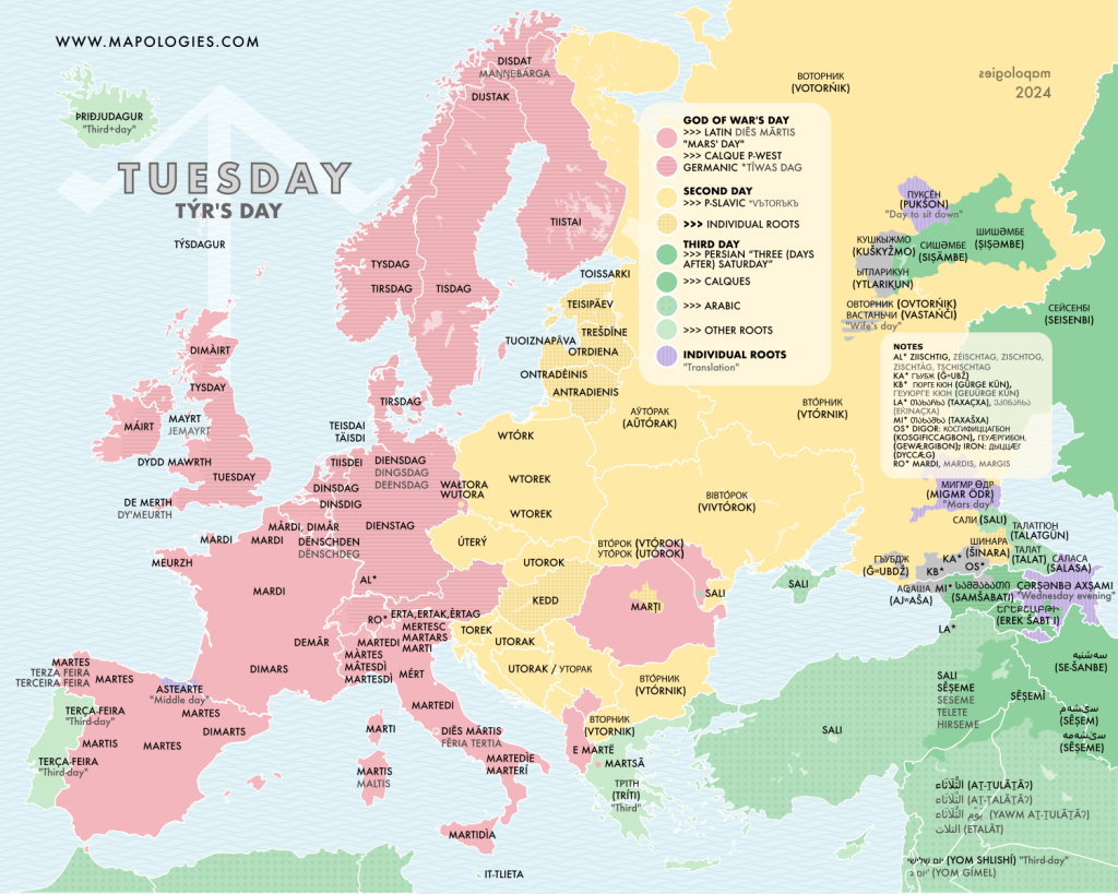 Etymological map of Tuesday in several different languages