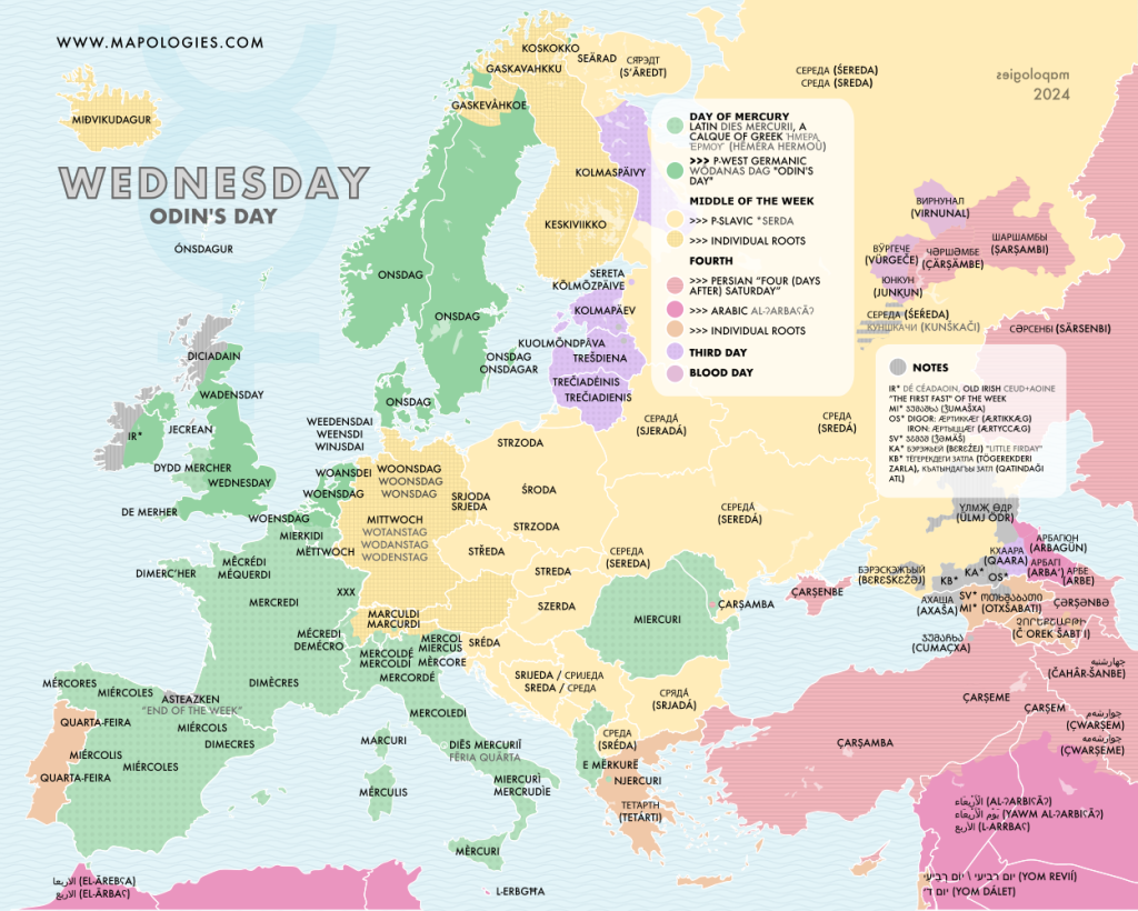 Etymological map of Wednesday in several different languages