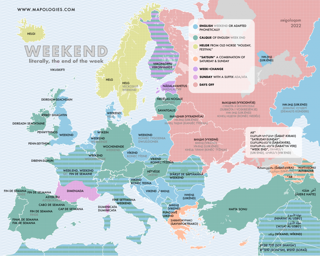 The etymology map of the word weekend in different languages