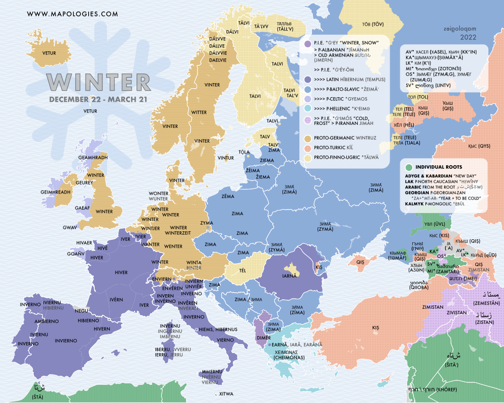 Etymological map of the word "winter" in several different languages