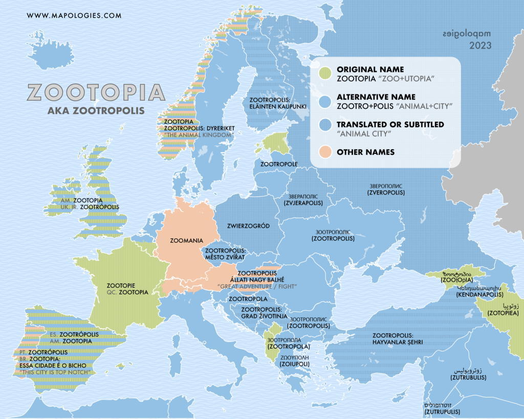 Map of the titles of the movie "Zootopia" or "Zootropolis" in several languages