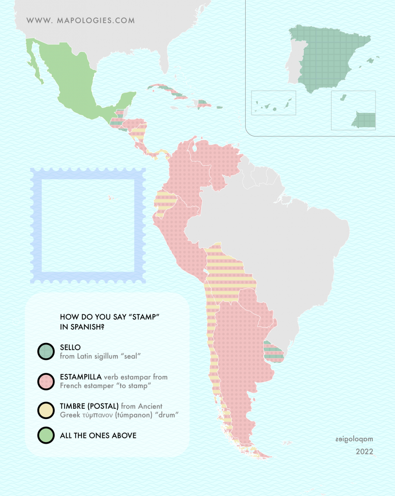 Map of the paper object "stamp" in the different varieties of Spanish