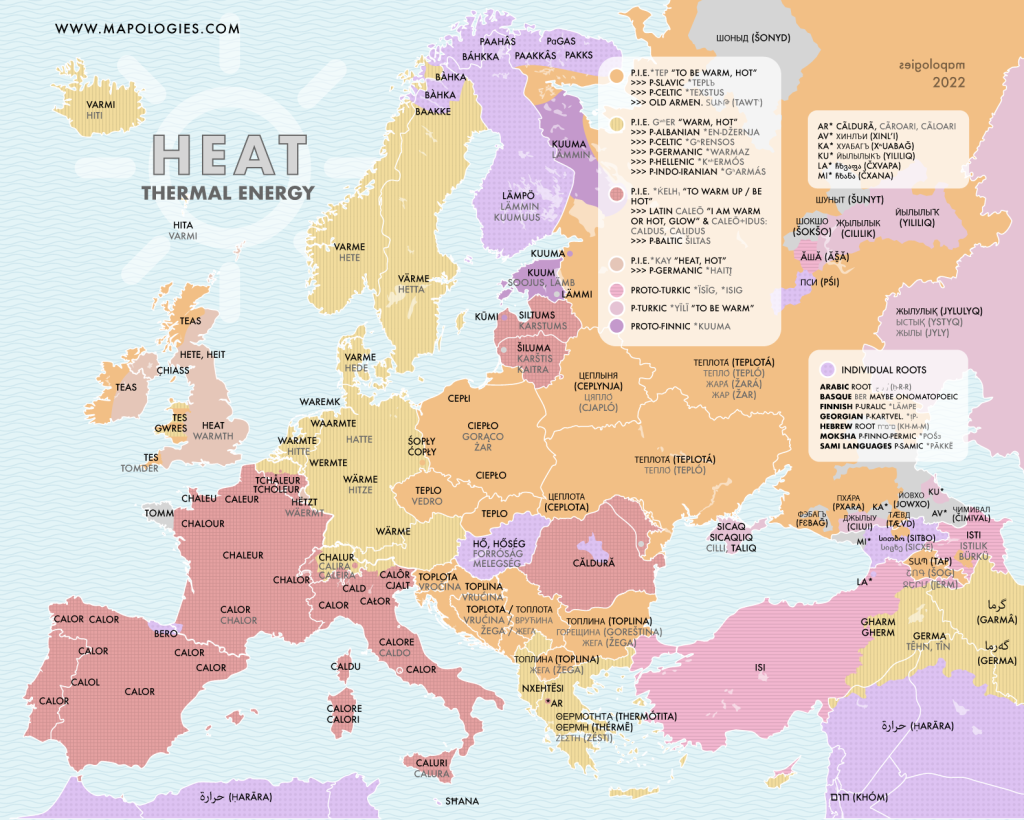Etymology map of the word "heat" in different languages