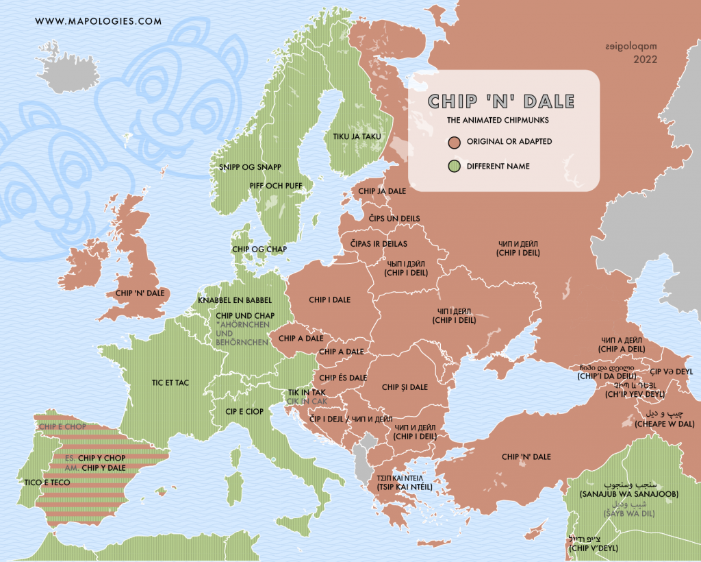 Map of the different names of "Chip 'n' Dale" in several European languages