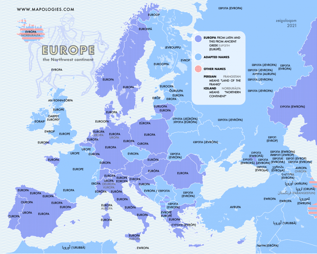 Etymology map of the name Europe in different several languages