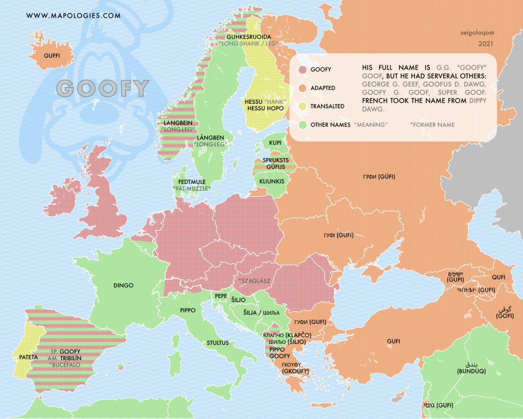 Map of the different names of Goofy in several European languages: Pateta, Dingo, Pippo, Fedtmule, etc.