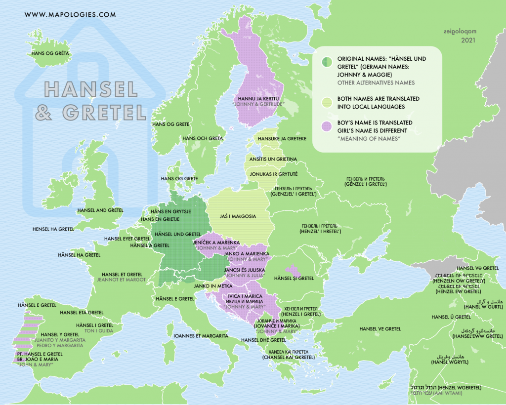 Map of the translations of "Hansel und Gretel" in other European languages