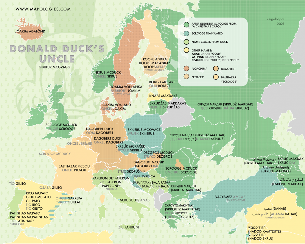 Map of the different names of Scrooge McDuck in several European languages