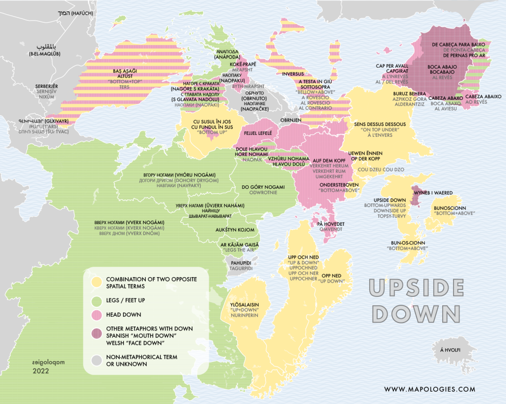 "Upside down" map of Europe with the idiom translated in several languages