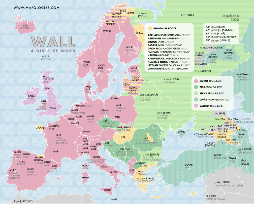 Etymology map of the word wall and its translations to different languages