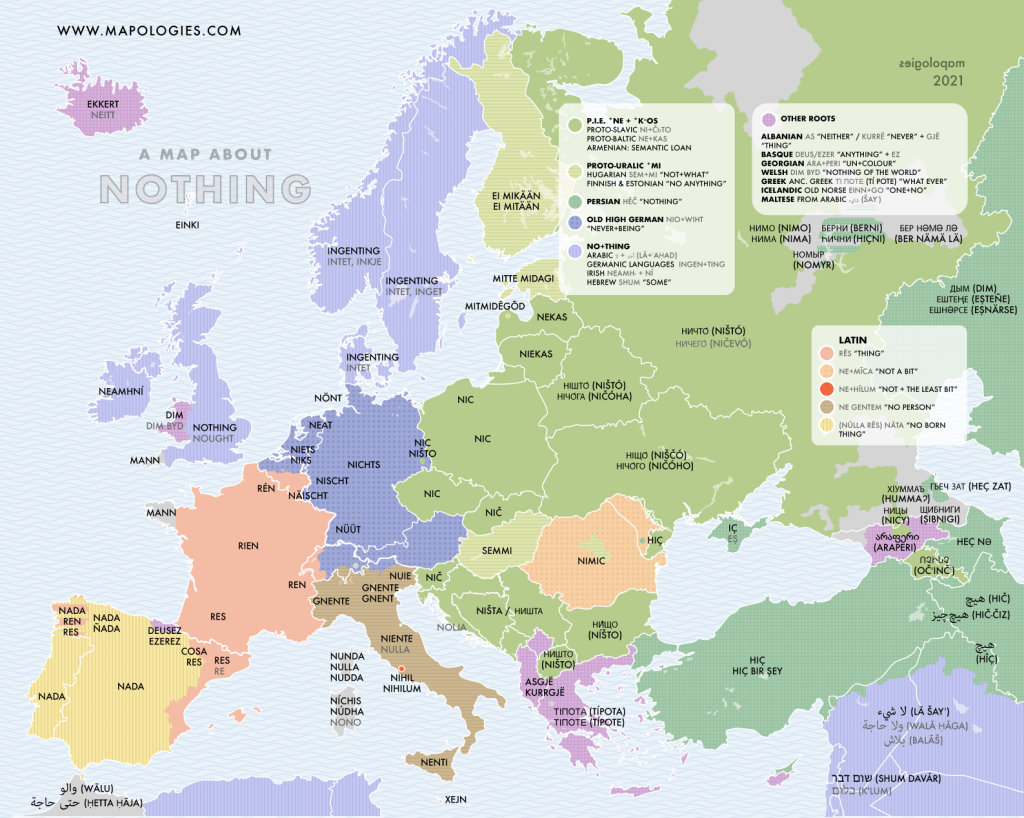 A map of the word nothing in several different languages and its etymology