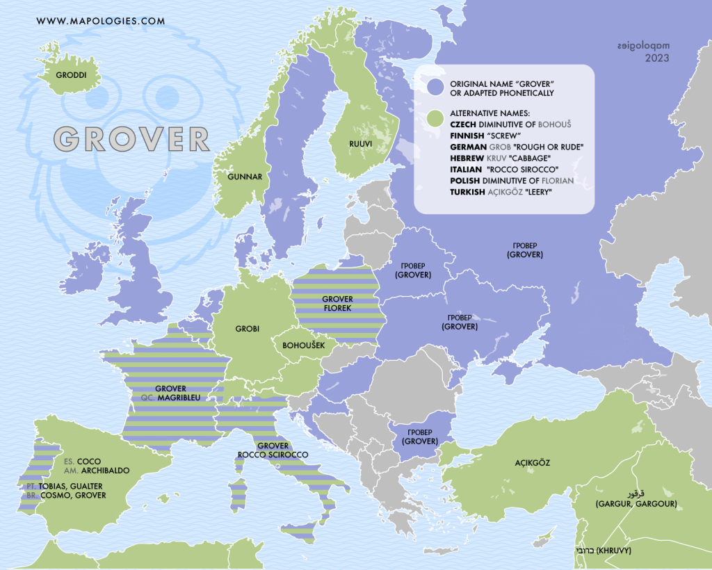 A map of the different name of "Grover" from the Sesame Street in several languages