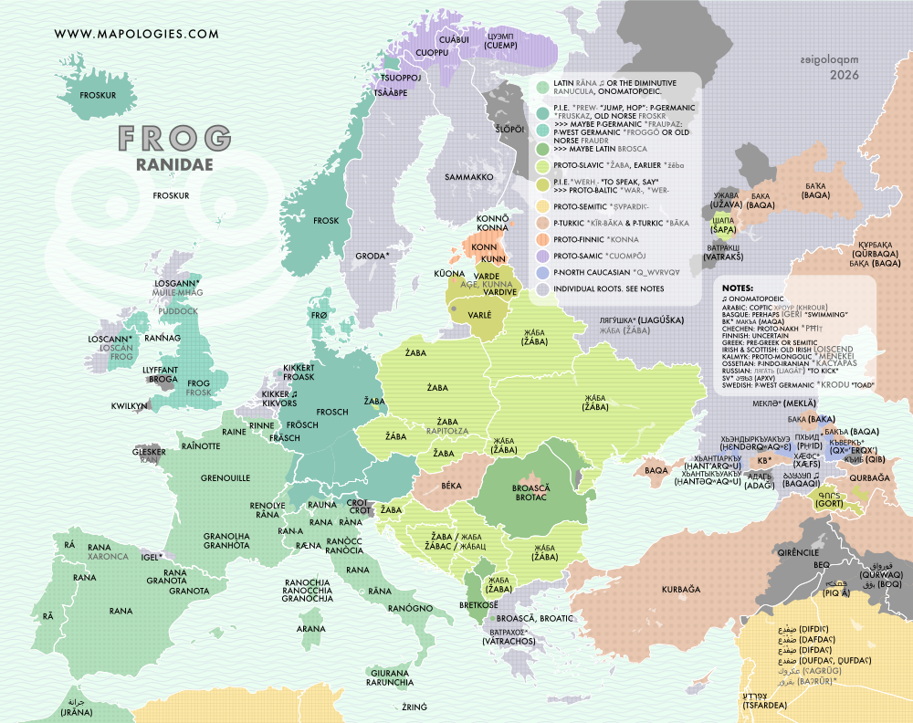 Etymology map of frog in several languages